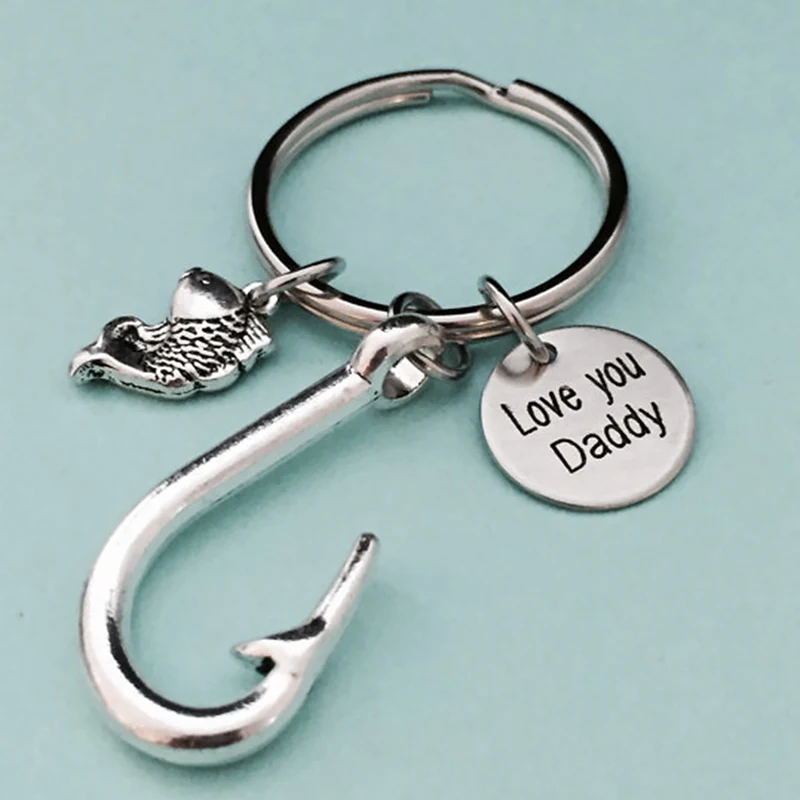 Семейный брелок серебряного цвета с надписью «Love Heart Dad», «Fish Hook Me», брелок для отца, брелок для рыбалки, подвески для папы, ювелирные изделия, подарки