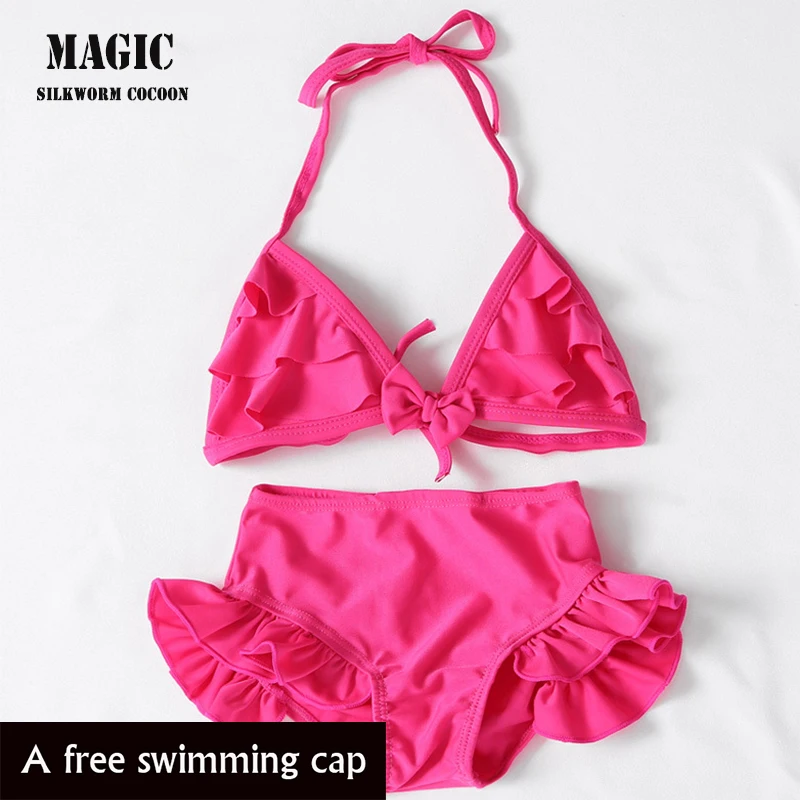 Детская одежда, костюм для девочек с лямкой на шее с оборками купальный костюм Разделение, платье покроя «Принцесса», комплект из двух предметов в Корейском стиле, милый бикини, купальники, девочек - Цвет: Розовый
