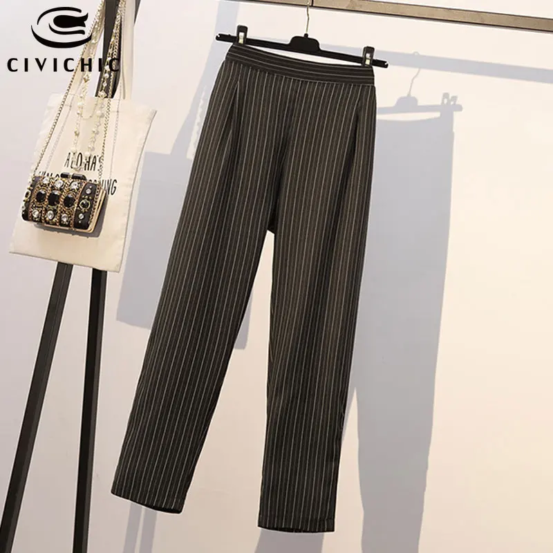 CIVI CHIC Big Size Women V Neck Pullover Shirt Striped Pants 2 PCS Set Spring Long Sleeve Tops Slim Trousers OL Two Piece WSET11 |