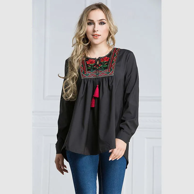 Плюс Размеры вышитые Для женщин блузки 2018 Лето Blusas Femininas Свободные Ленточки