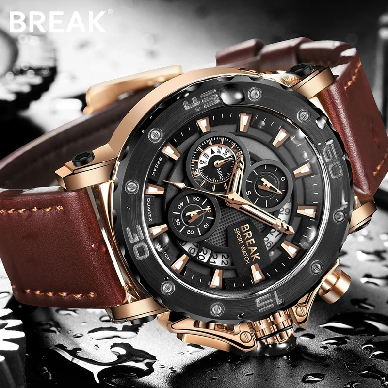 Мужские кварцевые часы с хронографом из натуральной кожи | Наручные