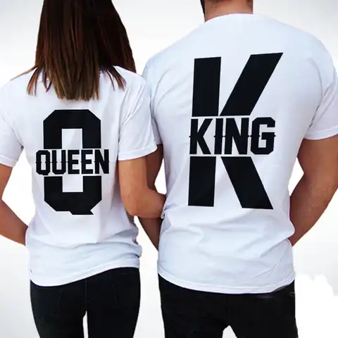 Футболки с коротким рукавом для мужчин и женщин, Повседневная Свободная одежда для пар, топы King Queen, белая футболка для влюбленных, унисекс, л...