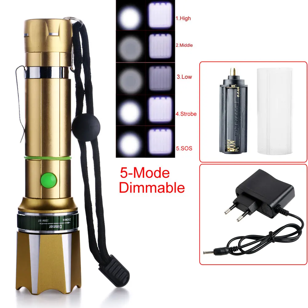 Фонарик 3000 лм T6 светодиодный регулируемый фокус Золотой + зарядное устройство