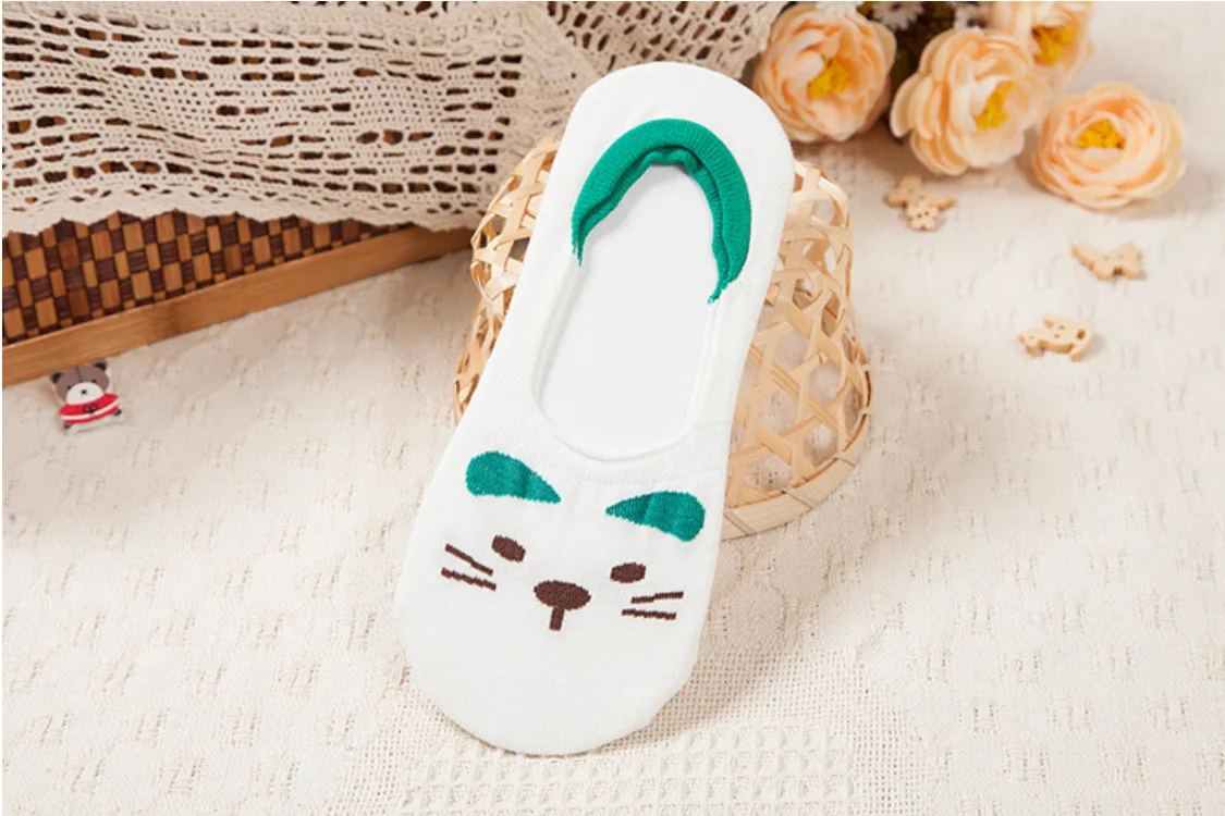 Jeseca 5 Pairs/Lot Women Cotton Sock Cartoon Animal Cute No Show Sock Japanese Kawaii School Student Invisible Non-slip Boat Sox