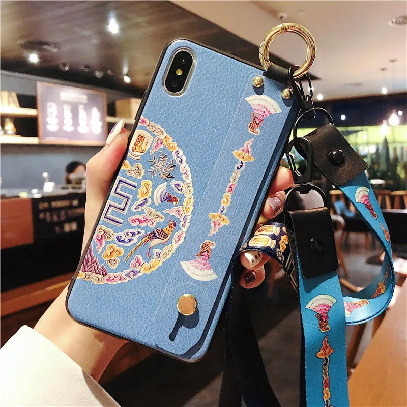 Ремешок чехол для huawei P30 Pro P20 Pro Nova 2 S 3 3I 3E 4 4E ретро дворец цветок Жесткий ПК стенд крышка с нашейные ремешки на - Цвет: Синий