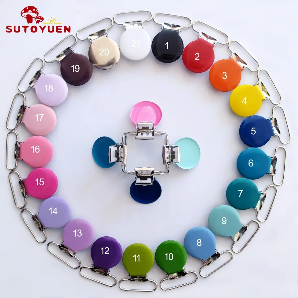 

Sutoyuen DHL 300pcs Round Chupete Metal Pacifier / Garment Enamel Round Shape Suspender Clips Dummy Soother Holder mix 21 colors