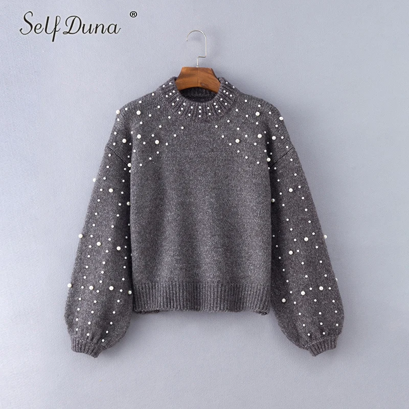 Self Duna 2019 Autumn Winter Pearl Sweater Pullover Loose Vintage Jumper Warm Grey Short Women Knitted Pull Femme | Женская одежда