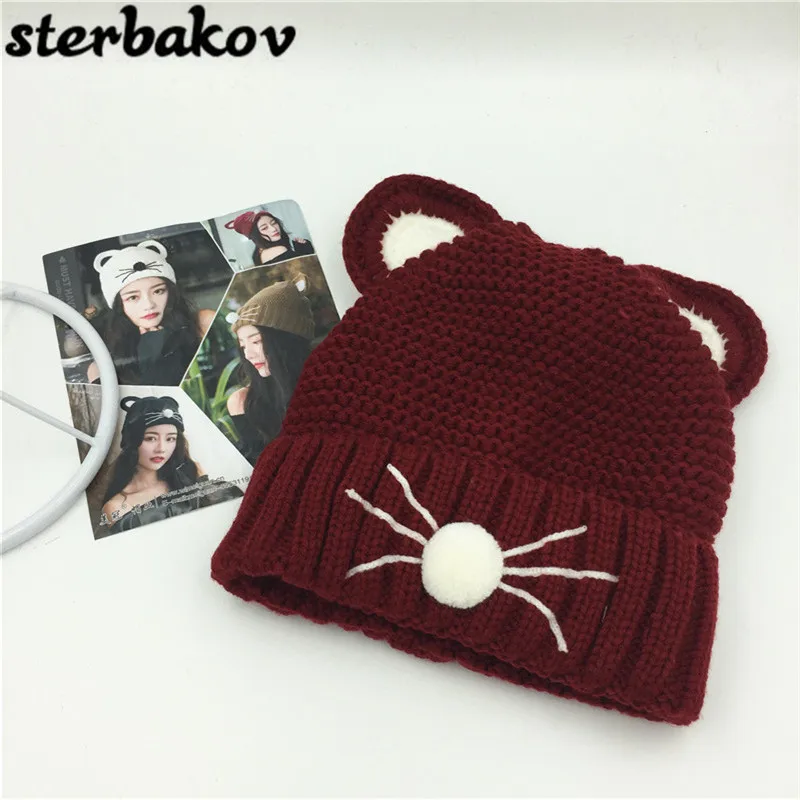 

sterbakov 2017 new winter hat Skullies ladies hat fashion cute winter knit hat girl cat modeling cap Pea Peas support wholesale