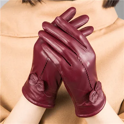G044 Purplish red YRRETY новые модные женские теплые перчатки из натуральной овчины, женские кожаные теплые перчатки с кружевным бантом и искусственным кроличьим мехом - Цвет: G044 Purplish red