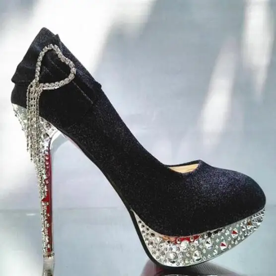 Heart shap11cm black Женские свадебные туфли со стразами; женские вечерние туфли на высоком каблуке красного цвета для невесты; пикантные женские туфли-лодочки; блестящая белая свадебная обувь; 11 см - Цвет: Heart shap11cm black