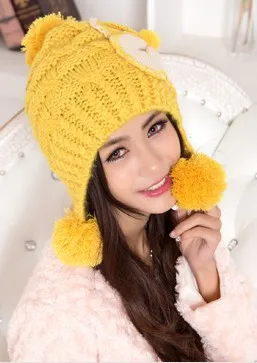 Брендовые зимние Skullies женские вязаные шерстяные Цветочные шапочки с наушниками шляпы зимние шапки розовые вязаные женские шляпа с бантиком CP047 - Цвет: Цвет: желтый