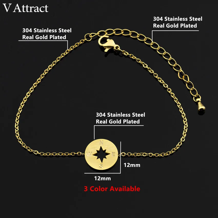 V Attract Vintage Compass Charm Bracelet Gold Silver Stainless Steel Chain Simple Geometric Round Pulseira Women Men Jewelry|charm bracelet|bracelet