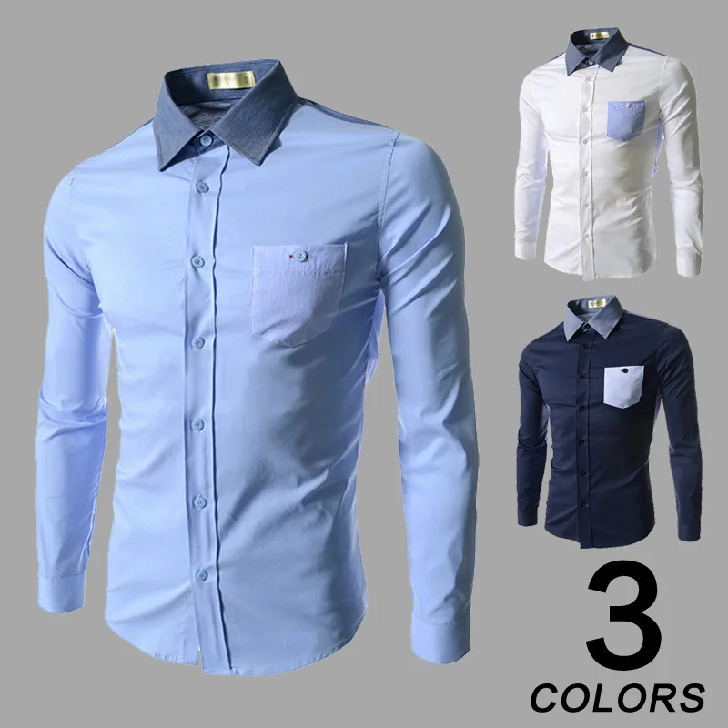 

Foreign trade hot men's slim sleeved shirt Korean fashion stitching hit color tide, men Casual Shirts explosion mens dress