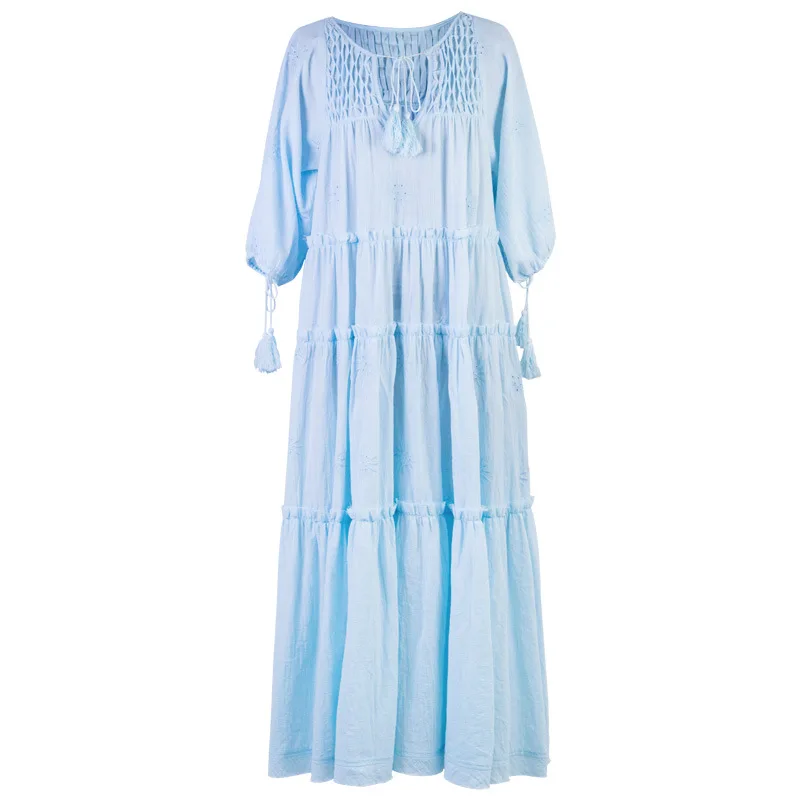 

Women's Cotton Dress V-neck Half Sleeve Boho Sweet Long Dress Lace Up Embroidery Beach Dress Summer Holiday Chic Dress Boho Robe