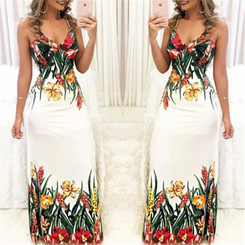 Летние женские Бохо с цветочным принтом платья модные БЕЗРУКАВНОЕ вечернее