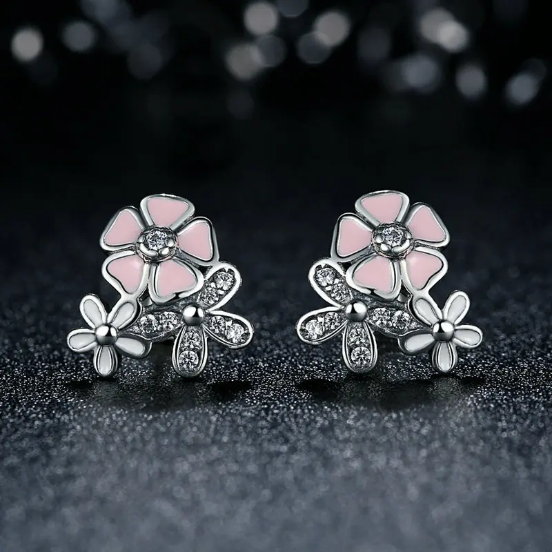 

QianBei Hot Sale 925 Sterling Silver Poetic Cherry Blooms Flowers Stud Earrings for Women Fashion Original Silver Jewelry Gift