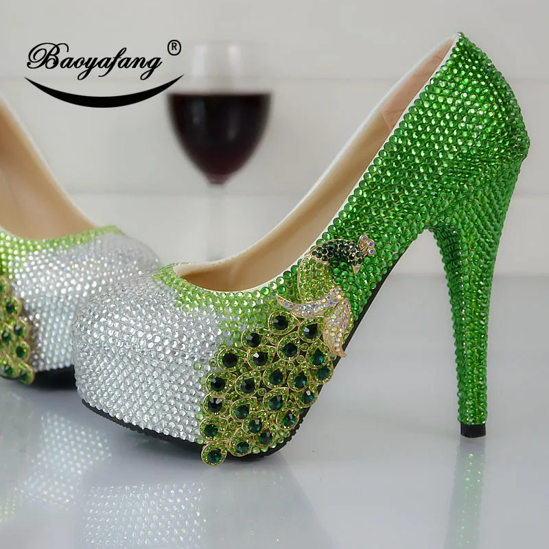 2021 Womens wedding shoes Green Water Drill Phoenix Round-Headed High-heeled Crystal Shoe Bride bridesmaid's wedding shoes