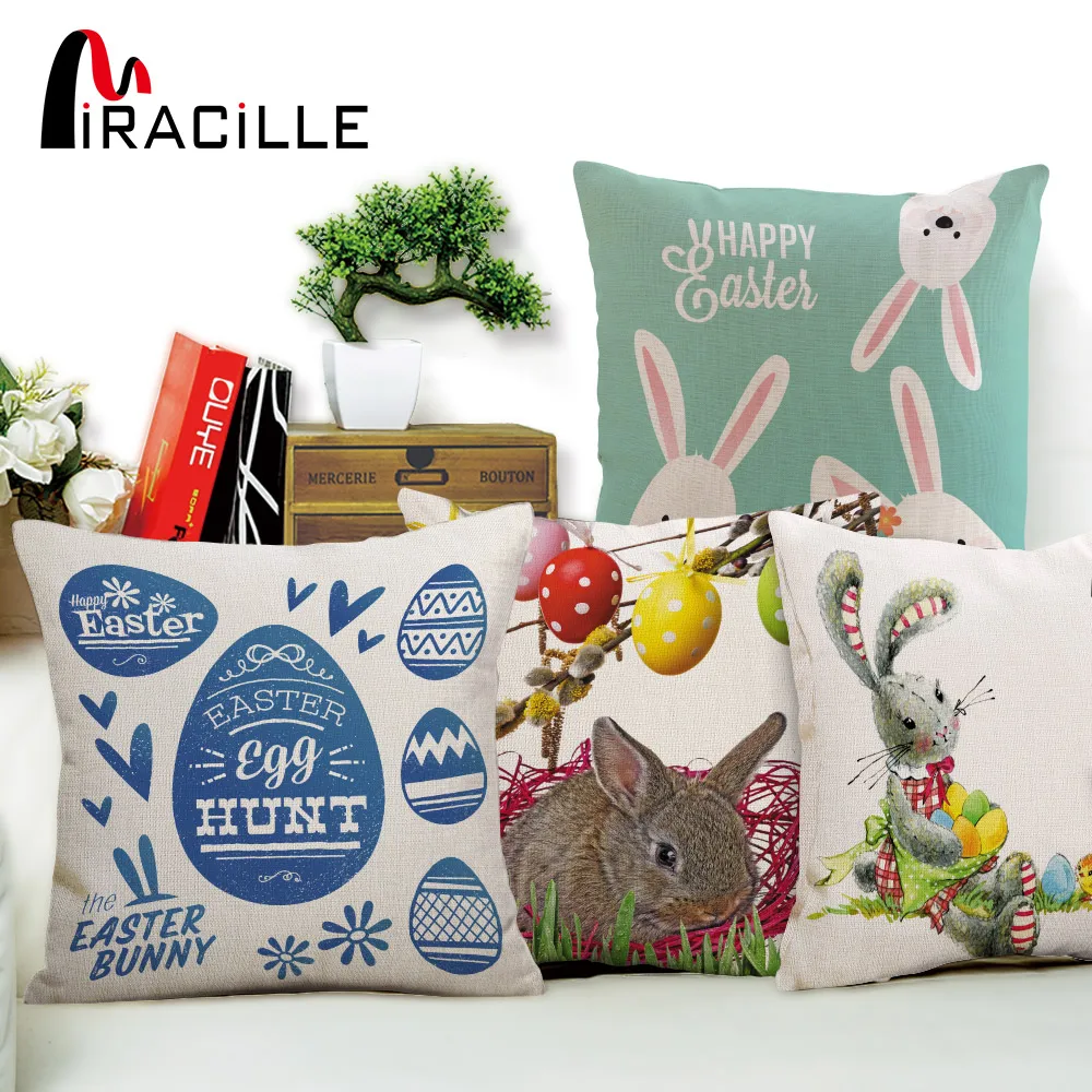 Чехол для подушки Miracille Happy Easter с милым улыбающимся кроликом и принтом в виде яиц