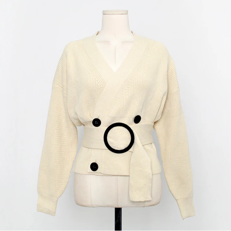 

Korean Autumn Winter Double-Breasted Sweater Coat Fashion Women Long Sleeve Knitting Sashes Cardigan Casual Sexy V Neck Coat