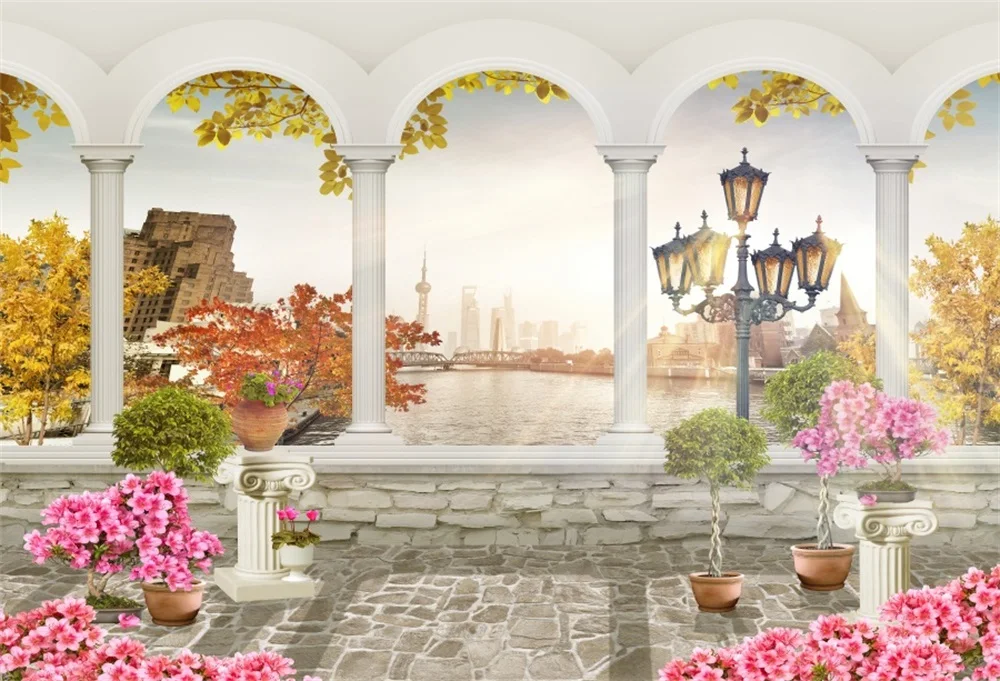 Laeacco арки столб горшке цветок море City Tower фотографического Фоны индивидуальные