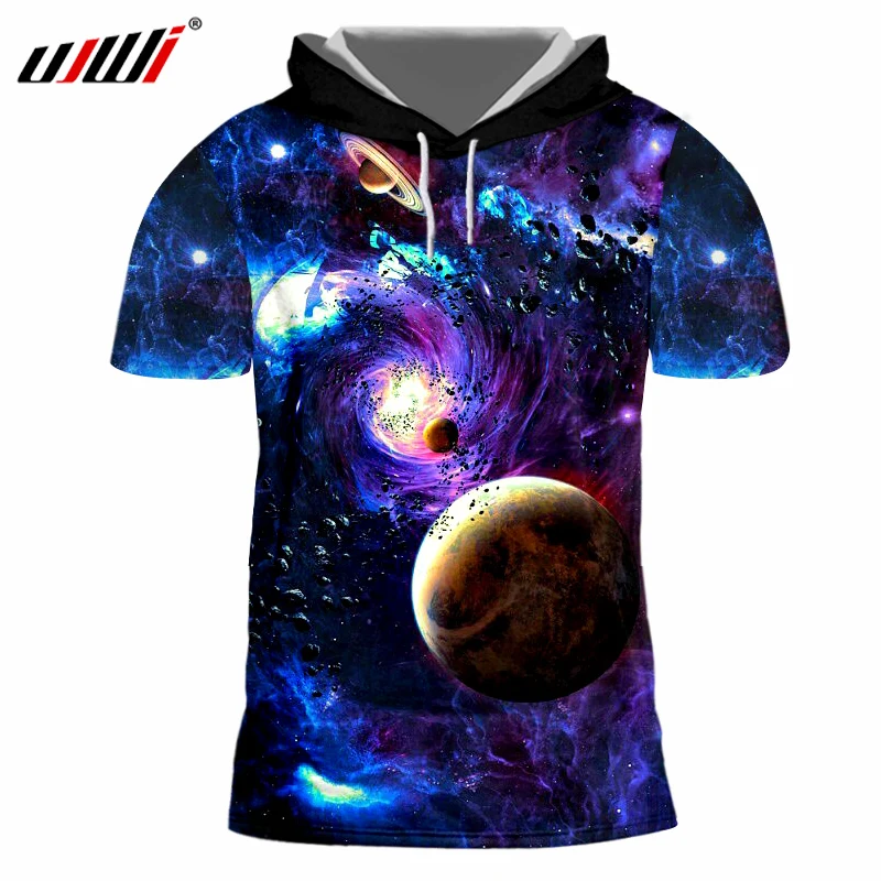 

UJWI 3D Hooded Mens Cool Print Galaxy Starry sky Cap T-shirt Planets 3d Hoody Shirts Hombre Short Sleeve Crewneck Jerseys 7XL