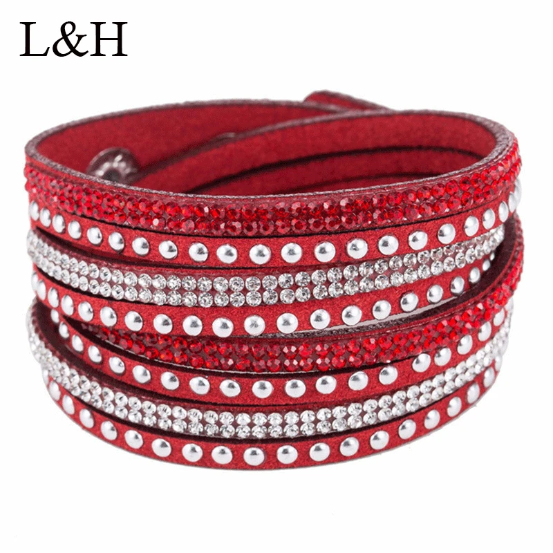 

Women Fashion Multilayer Rivet Rhinestone Suede Wrap Bracelets Bling Slake Deluxe Double Leather Cuff Bangle Pulseiras Femininas