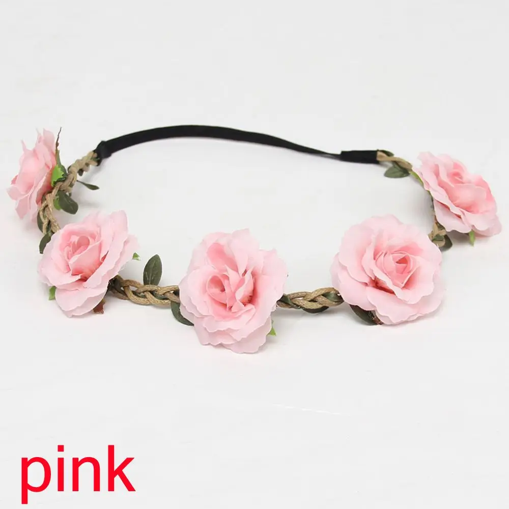 Pink Модные богемные повязки на голову с розами для невесты, для женщин и девушек, Цветочная корона, повязка на голову, свадебная повязка на голову, венок, аксессуар для волос - Цвет: Pink