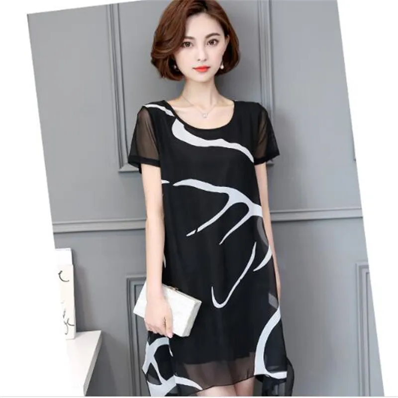 Женское шифоновое платье с коротким рукавом свободное принтом большие размеры