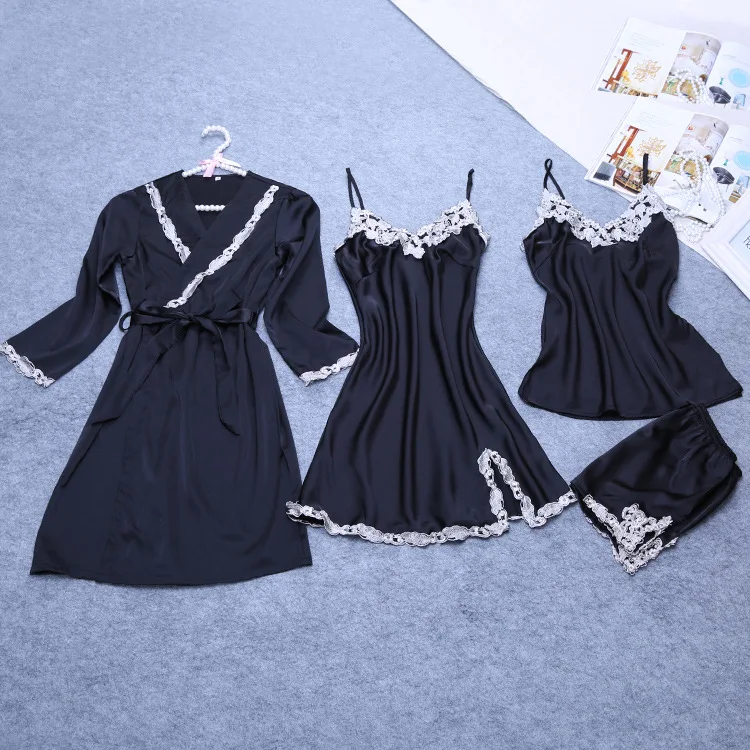 

Ladies Sexy Silk Satin Robe+Gown+Pyjama Set 4 Pieces Lace Bathrobe Nightdress Sleepwear Set Summer Spring Nightwear For Women