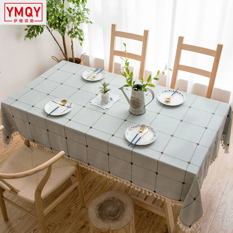 Plaid Embroidered Simple Tablecloth Solid Color Cotton and Linen Small Fresh Fabric Tassel Rectangular Coffee Table 3 |