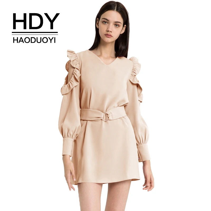 Женское мини платье HDY Haoduoyi с треугольным вырезом длинным рукавом бабочкой на