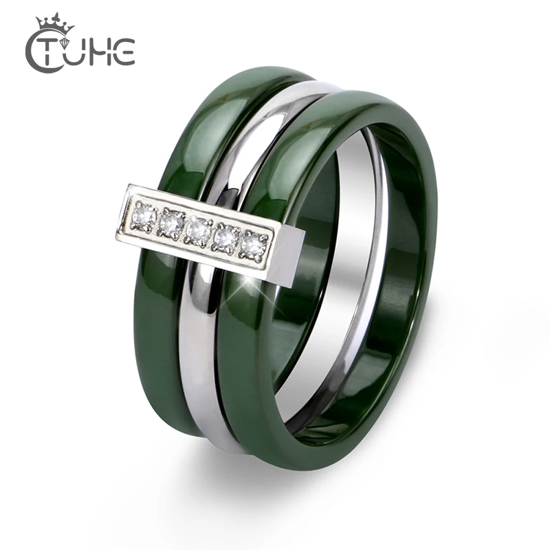 

New New Trendy Green Yellow Ceramic Rings With Bling Rhinestone Three Layers Stainless Steel Rings Never Fade Fashion Jewelry