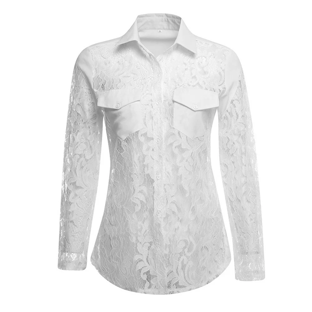 ELSVIOS 2XL Hollow Out Floral Lace Blouse Women Shirt Casual Lapel Elegant Ladies Office Top Sexy Slim Long Sleeve Summer Blusas |