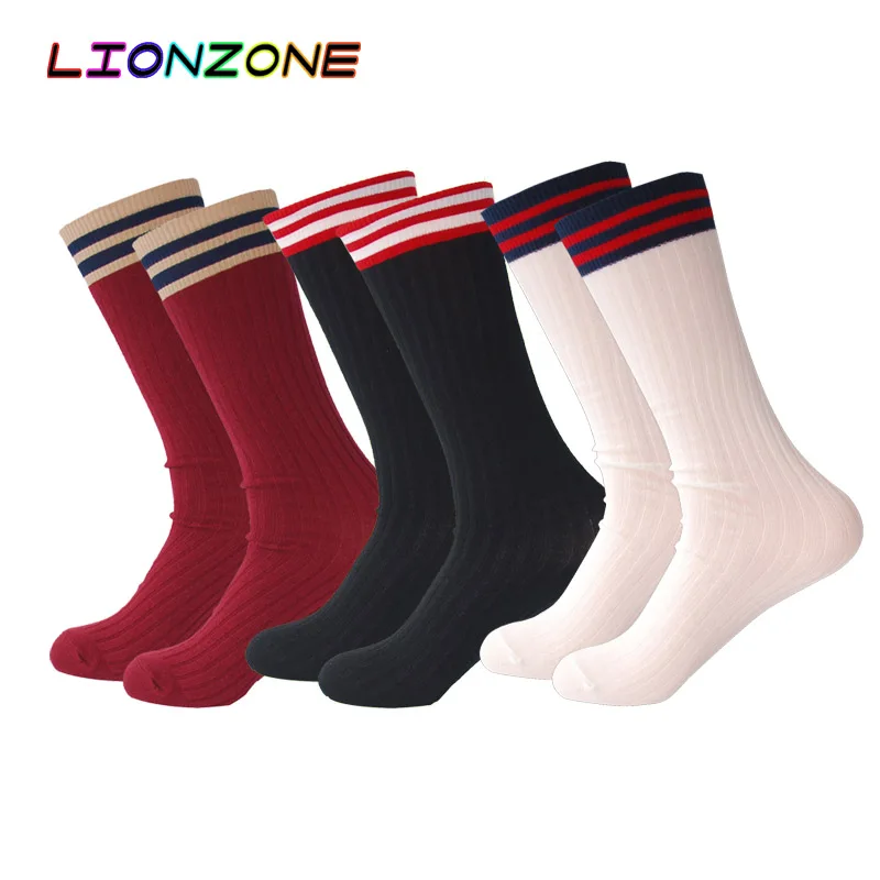 LIONZONE, 3 пары, японские корейские студенческие, для взрослых, хлопковые, ворсовые чулки, женские, две планки, прямые, длинные, без пятки, до бедра, Высокие гольфы - Цвет: Red Black White