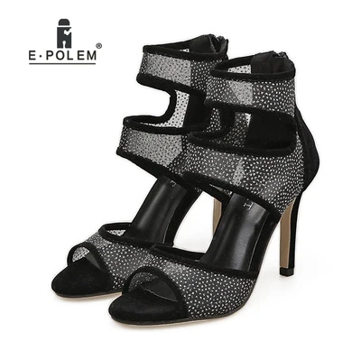 

Black Women's Super High Thin Heels Sandals Summer Shoes Mature Zipper Hollow Out Dress Wearing Party Dating