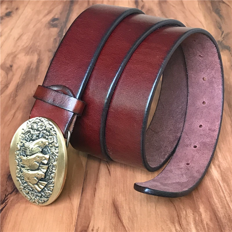 

Leather Belt Men Horse Head Brass Belt Buckles Men Belt Jeans Strap Ceinture Homme Male Waist Belt Cinturon Hombre Riem MBT0541