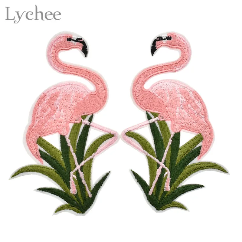Lychee, 1 пара Фламинго заплатка для одежды клеящиеся утюгом украшения нашивки мультфильм мотив Стикеры DIY одежды аппликация, швейное ремесло