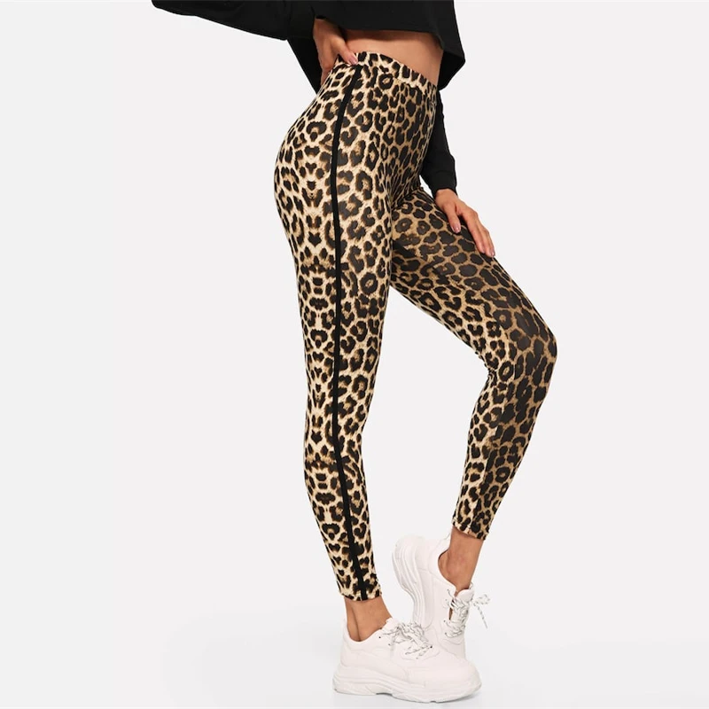 SHEIN Леопардовые Леггинсы С Высокой Талией Женские Многоцветные Осенние Спортивные Леггинсы