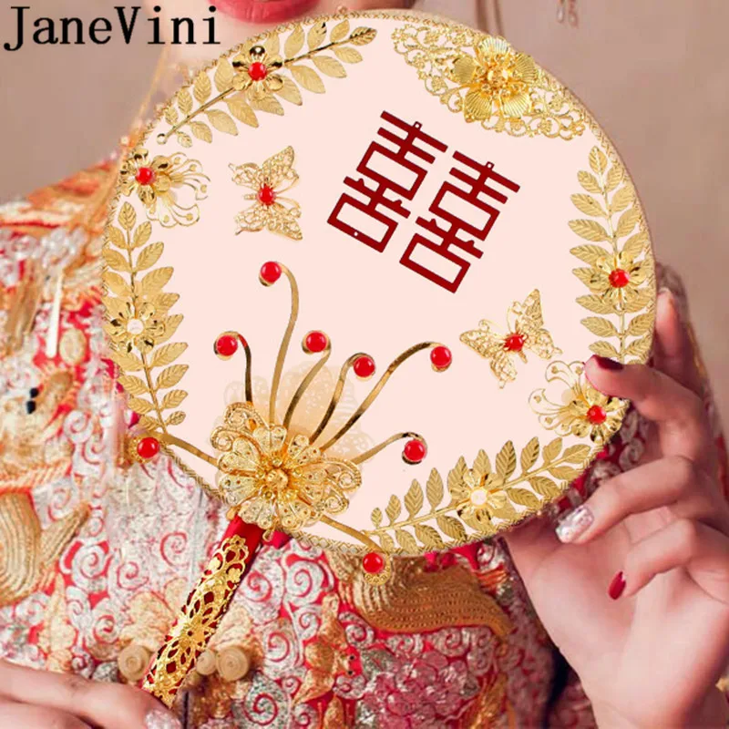 

JaneVini Luxury Gold Bride Hand Fans Chinese Style Red Flowers Bridal Wedding Bouquet Fan Ancient Cover Face Round Bouquets 2019