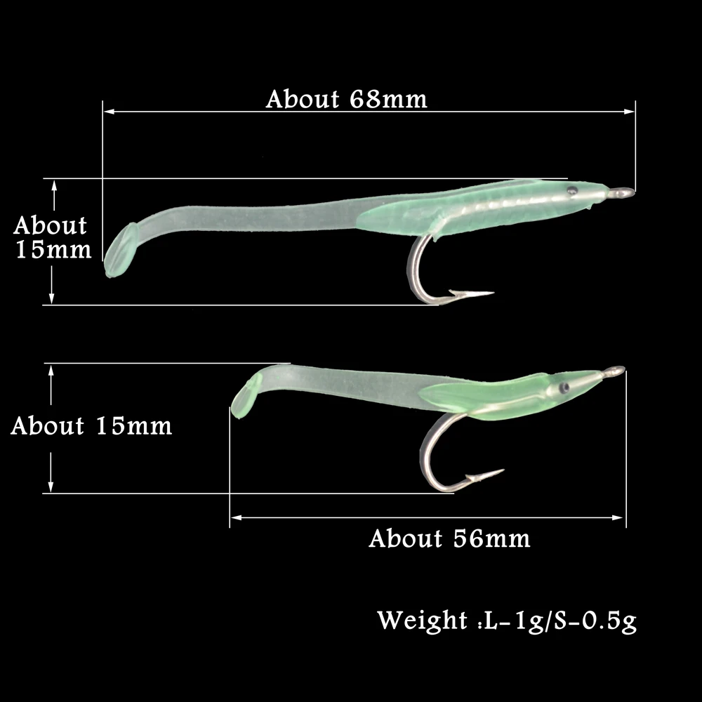 MNFT 12 шт угря люминесцентные мягкие приманки с крючком 6.8cm1g или 5.6cm0.5g маленькая
