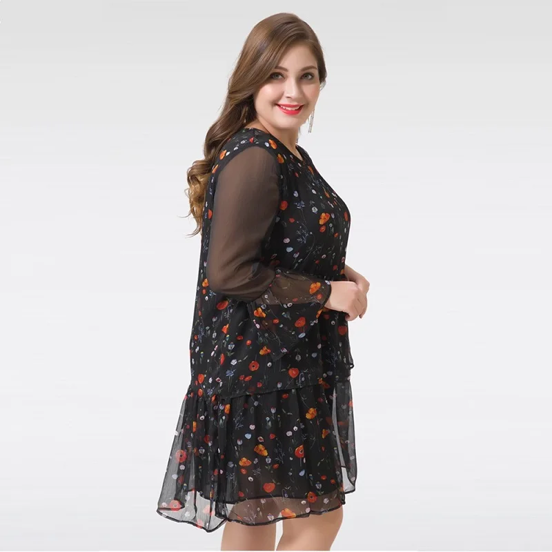 Summer Chiffon Floral Print Women Dress Sexy Female Voile Long-Sleeve Double Ruffle Elegant Casual Short Plus Size Party Dresses | Женская
