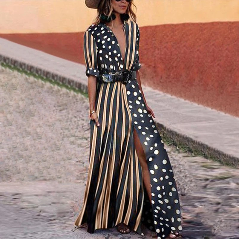 Boho летние женские черные платья модные полосатые в горошек Макси платье с коротким рукавом с отложным воротником свободное Повседневное платье с длинным разрезом