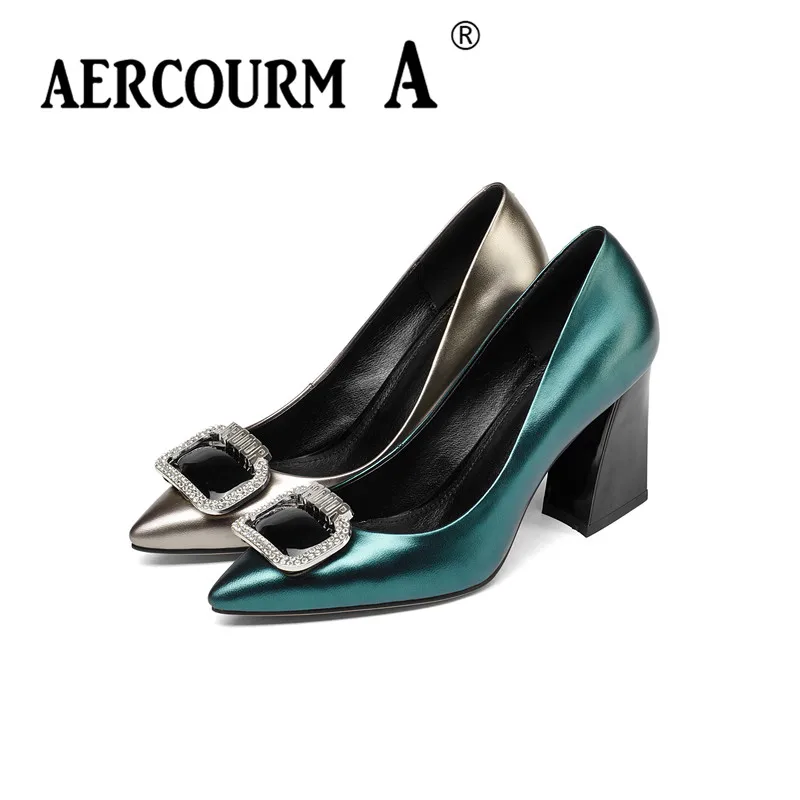Aercourm A 2018 new Women metal button Shoes Female Genuine Leather High Heel Pumps crystal Square Heels Brand Z306 | Обувь
