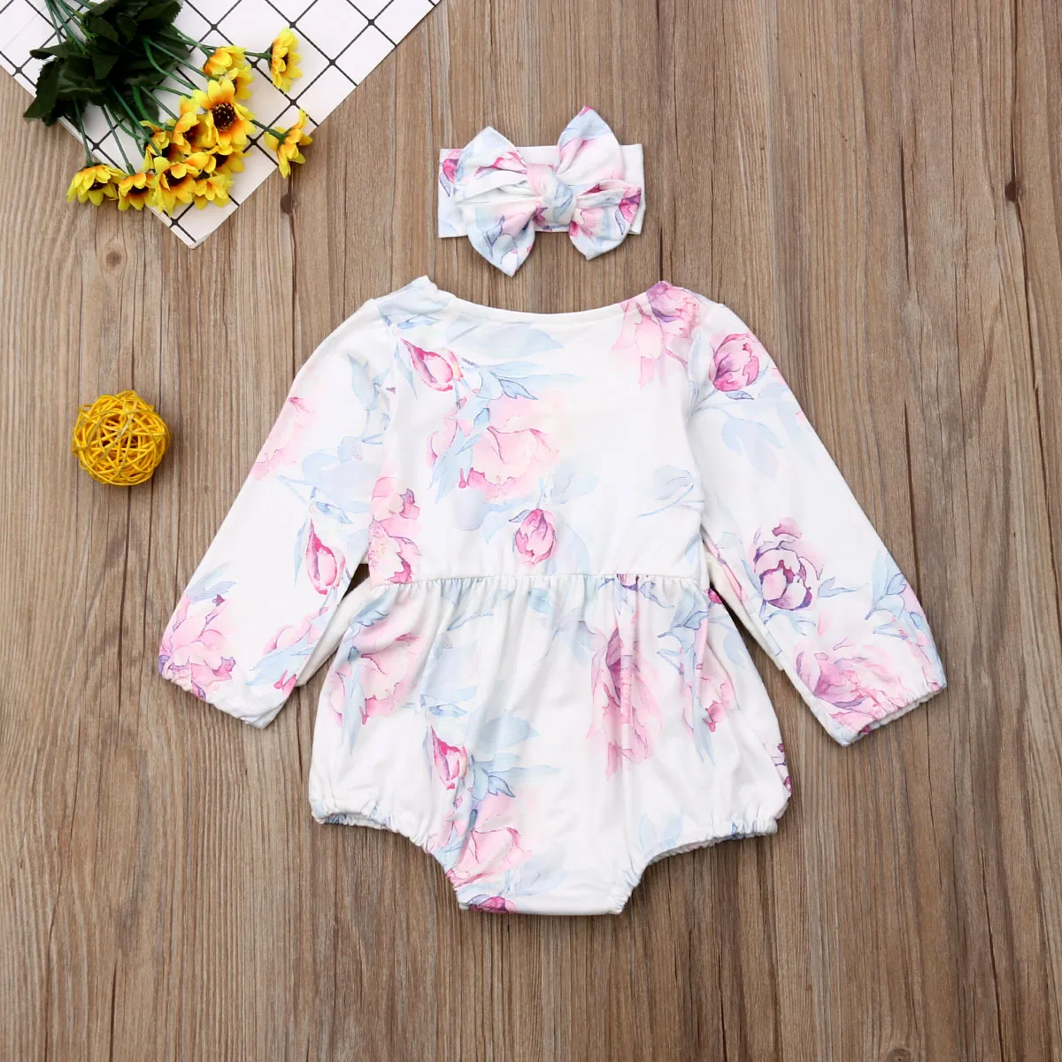 Новая осенняя одежда для маленьких девочек из 2 предметов комбинезон с цветочным