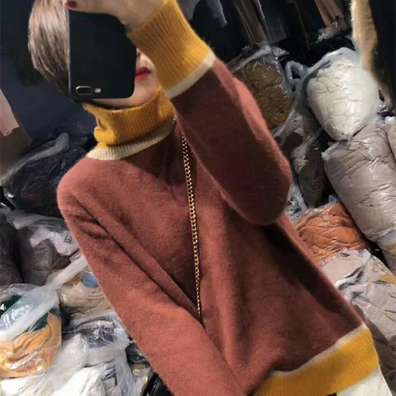 HZYRMY Autumn New Women's Cashmere Sweater Fashion High Collar Color matching Quality Pullover Winter Warm Wild Female Sweaters