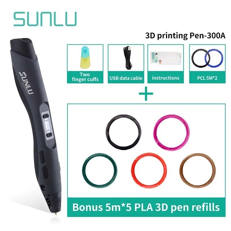 SL-300A-Black-5.5 Набор ручек для 3D печати с низкой температурой, SUNLU, черный цвет, набор 3D ручек, Набор детских 3D ручек, поддержка пла/ПКЛ/АБС-пластика - Цвет: SL-300A-Black-5.5