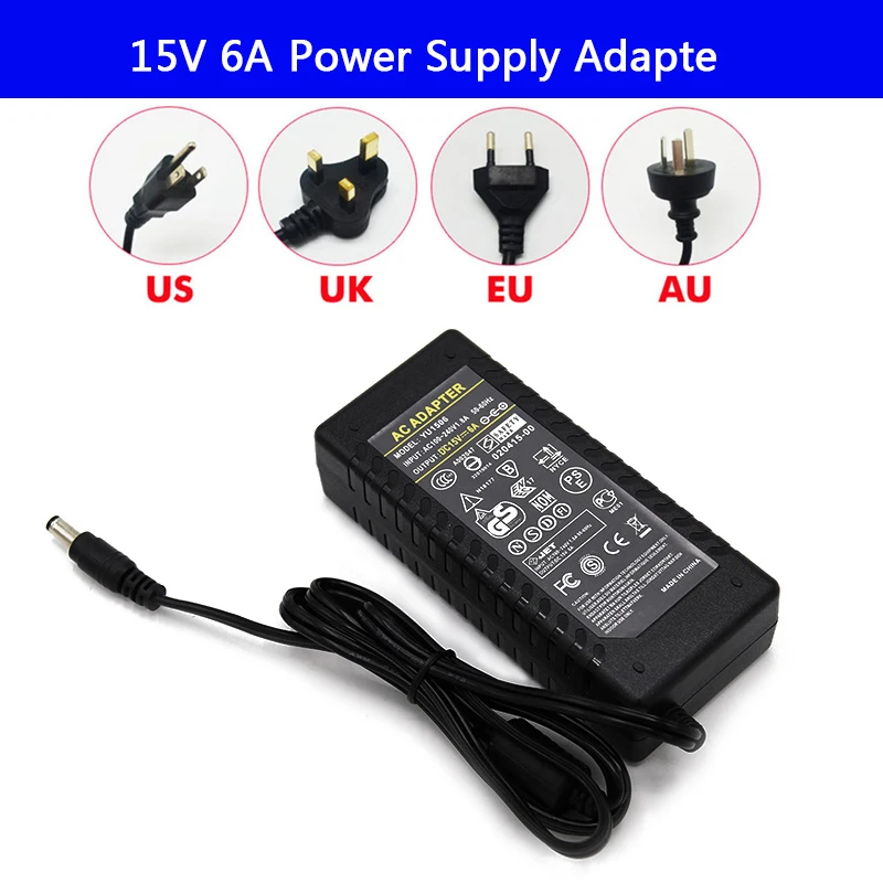 LED strip light Power Supply Adapter AC 100-240V to DC 15V 6A Charger Transformer 220V 15V 90W Converter with power cord Driver