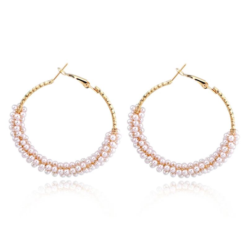 1Pair Bohemian White Small Bead Gold Color Big Hoop Earrings For Women Fashion Endless Round Earings Jewelry Grandes E395-1 | Украшения и