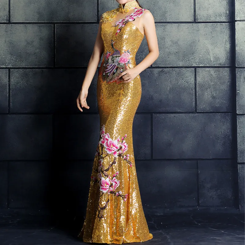 Red Chinese Wedding Dress Female Long Cheongsam Gold Slim Traditional Women Qipao for Party embroidery|women qipaos|long cheongsamchinese traditional