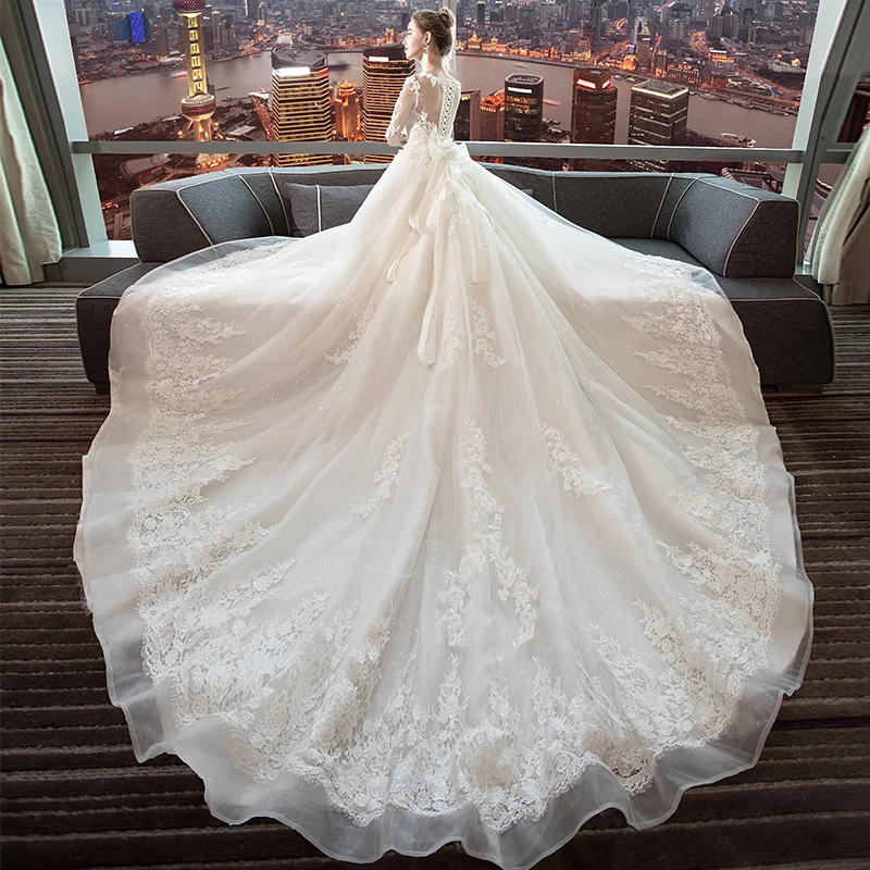Fansmile роскошное свадебное платье с длинным шлейфом Vestido De Noiva, кружевное свадебное платье, подгонянное по индивидуальному заказу размера плюс, свадебные платья, свадебное платье FSM-490T